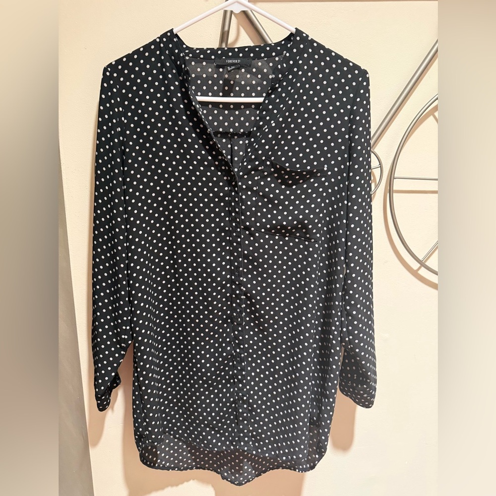 Forever 21 Black Button-Down Blouse with White Polka Dots Size S